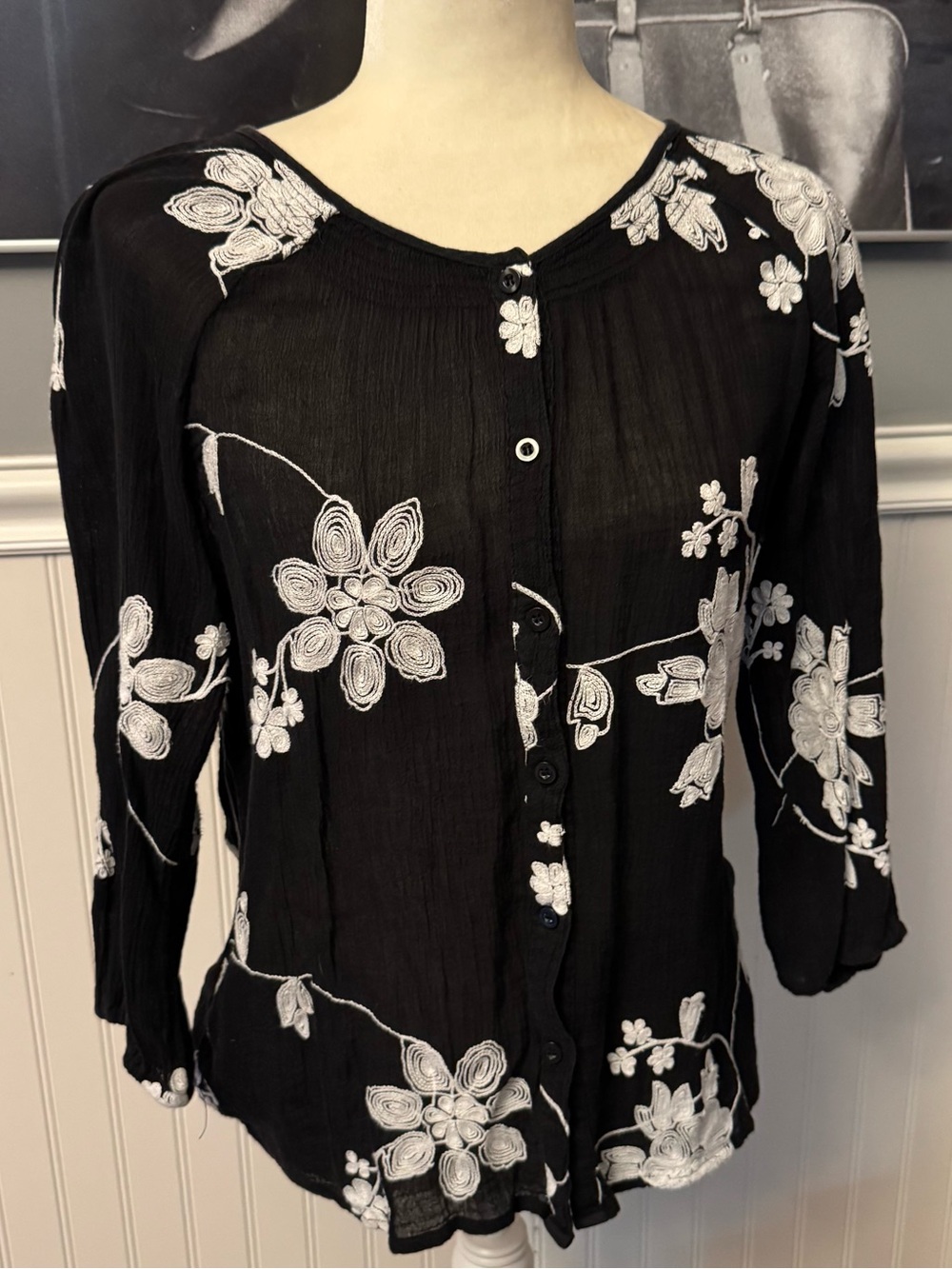 Lauren Michelle Black White Floral Embroidered Cotton 3/4 Sleeve Blouse Size M